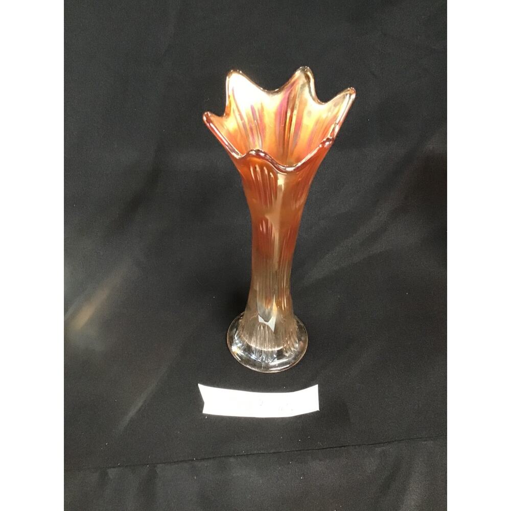 Large Marigold Orange Iridescent Carnival Art Glass Swung Vase